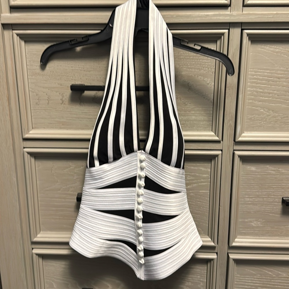 Cache Black and White Striped Halter Tank Top BROKEN ZIPPER
